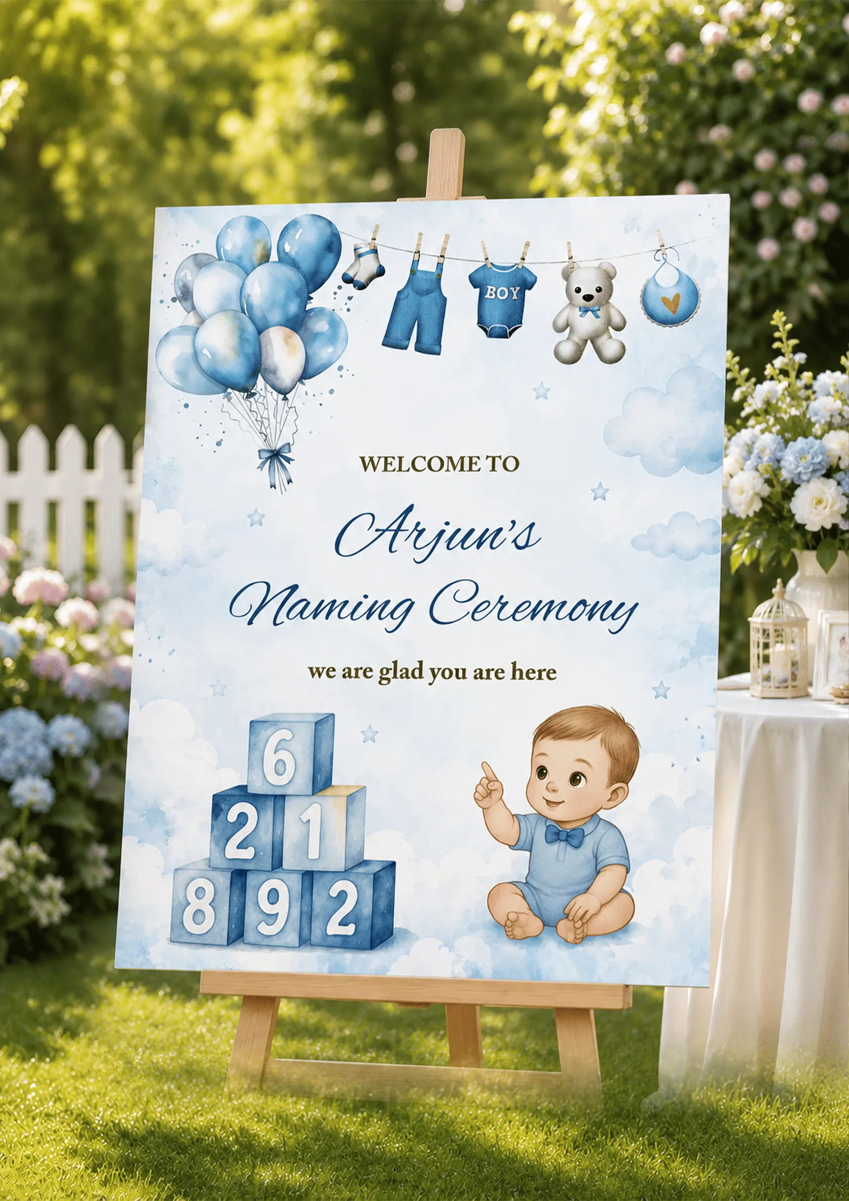 Blue Colored Boy Naming Ceremony Welcome Board For Free