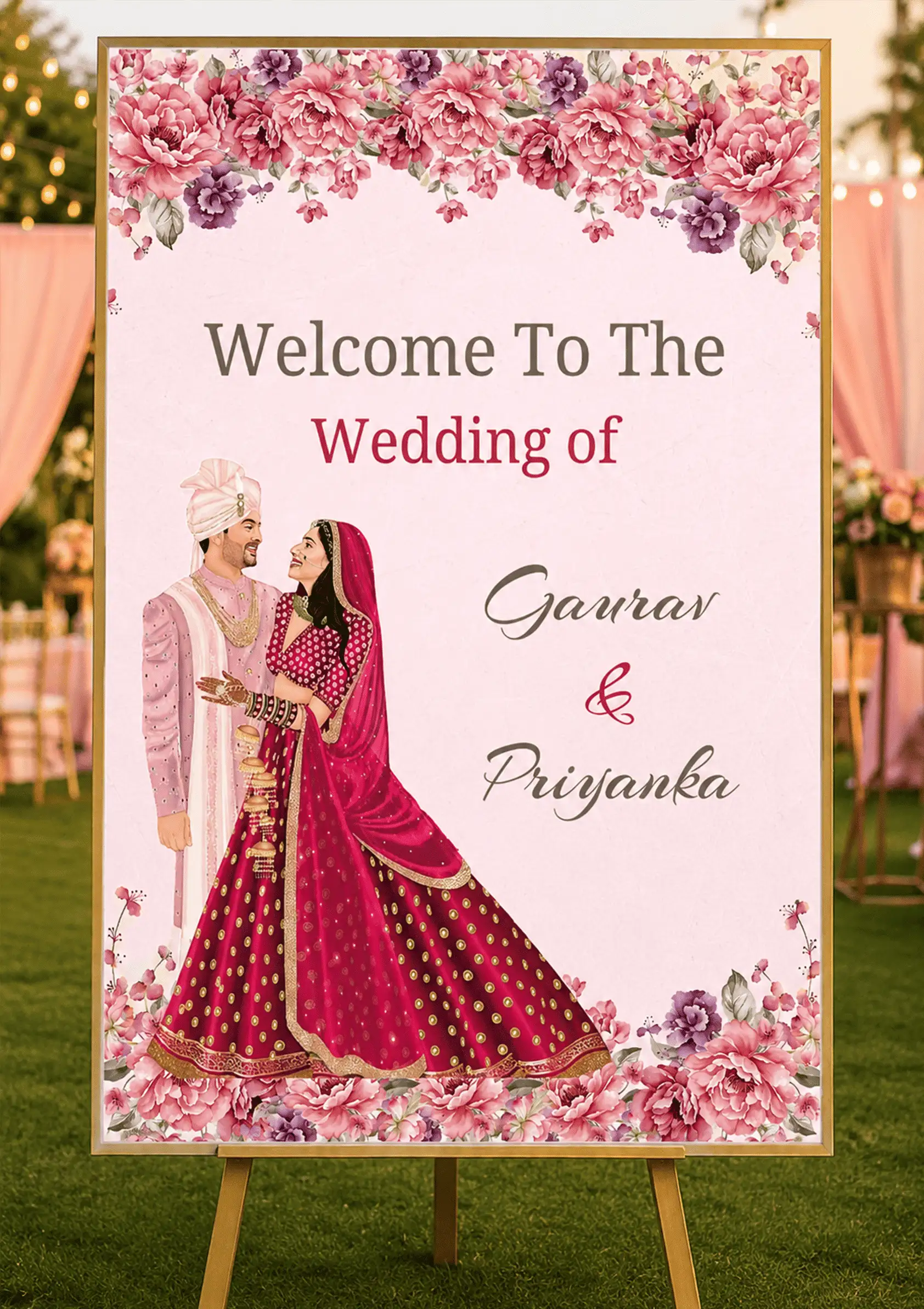 Pink Floral Wedding Welcome Sign Board For Indian Couple
