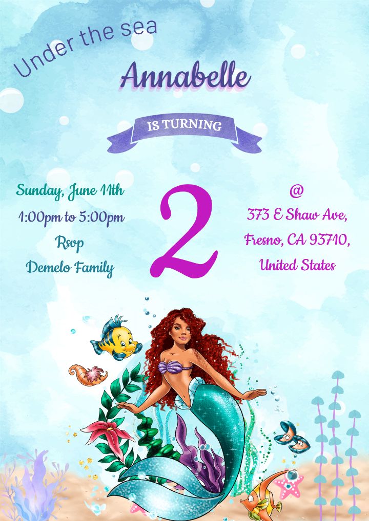 Under the Sea 2nd Birthday Invitation Party Card for Girls