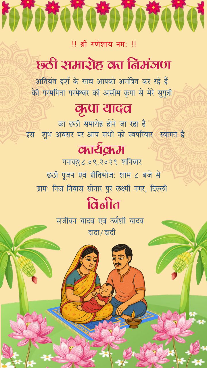 निःशुल्क छठी निमंत्रण कार्ड हिंदी टेम्पलेट डाउनलोड करें