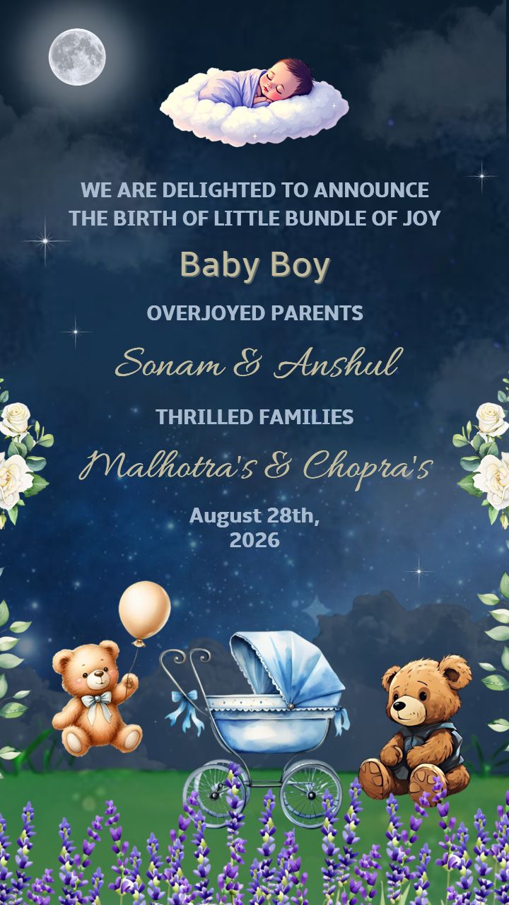 Blessed With Baby Boy Announcement With Teddy Bear Theme