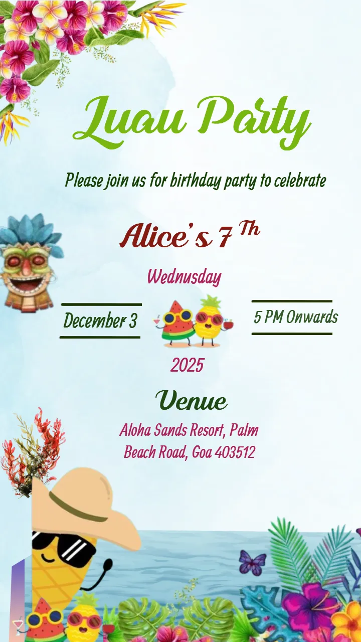 Beautiful Hawaiian Luau Theme Party Invite Design
