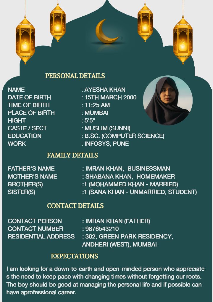 Attractive Muslim Biodata for Marriage Bride