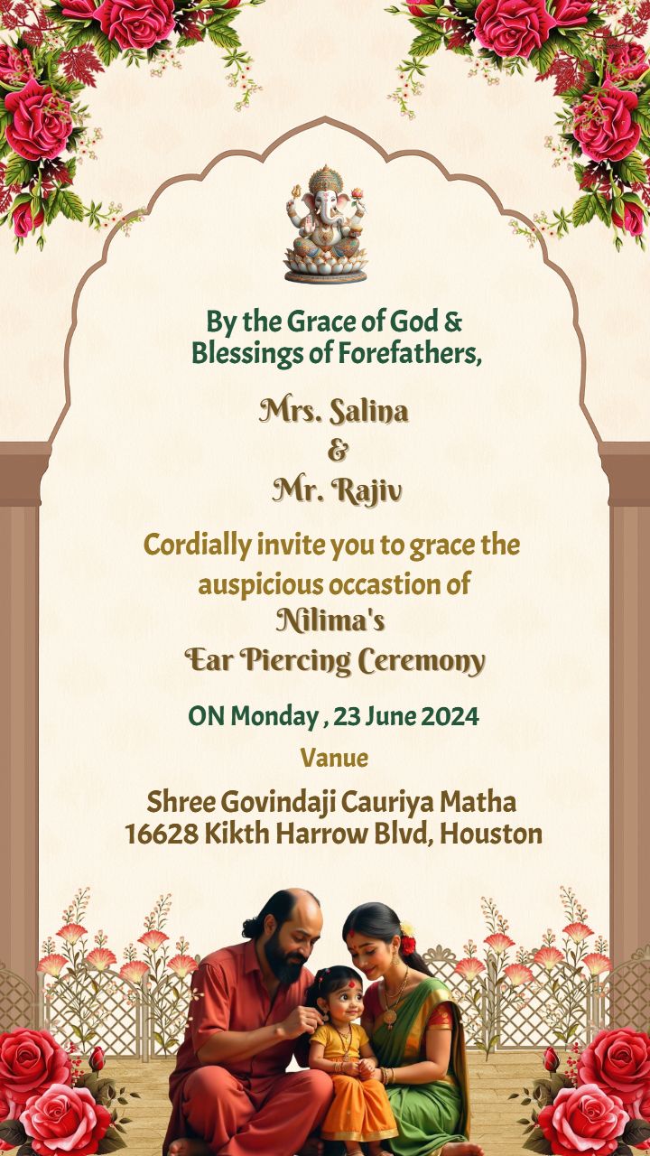 Floral Ear Piercing Ceremony Invitation Template with Family