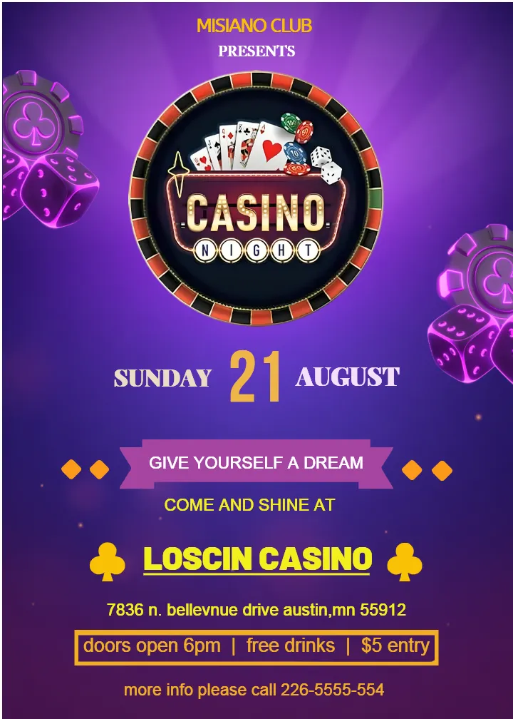 Casino Party Invitation Card VIP Poker Chips Dice Event
