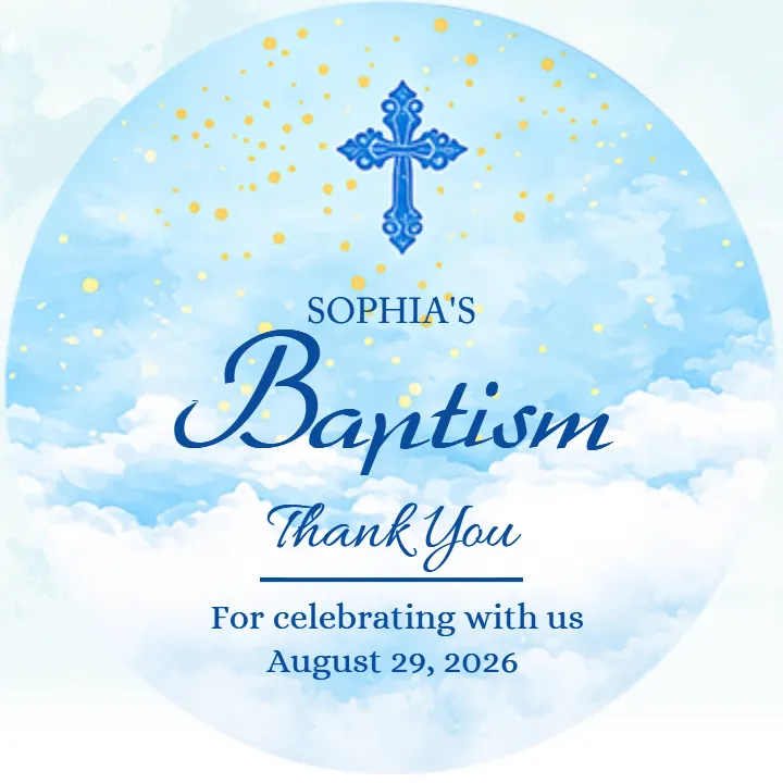 Baptism Thank You Tags with Blue Sky and Cross Design