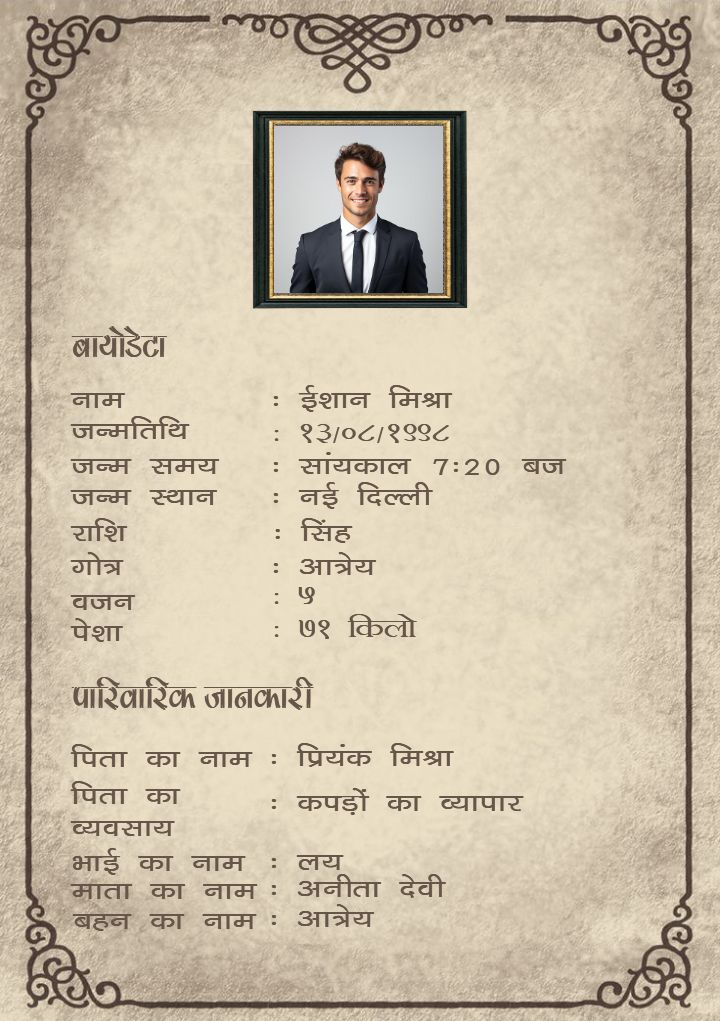 Traditional Marriage Biodata In Hindi For Groom