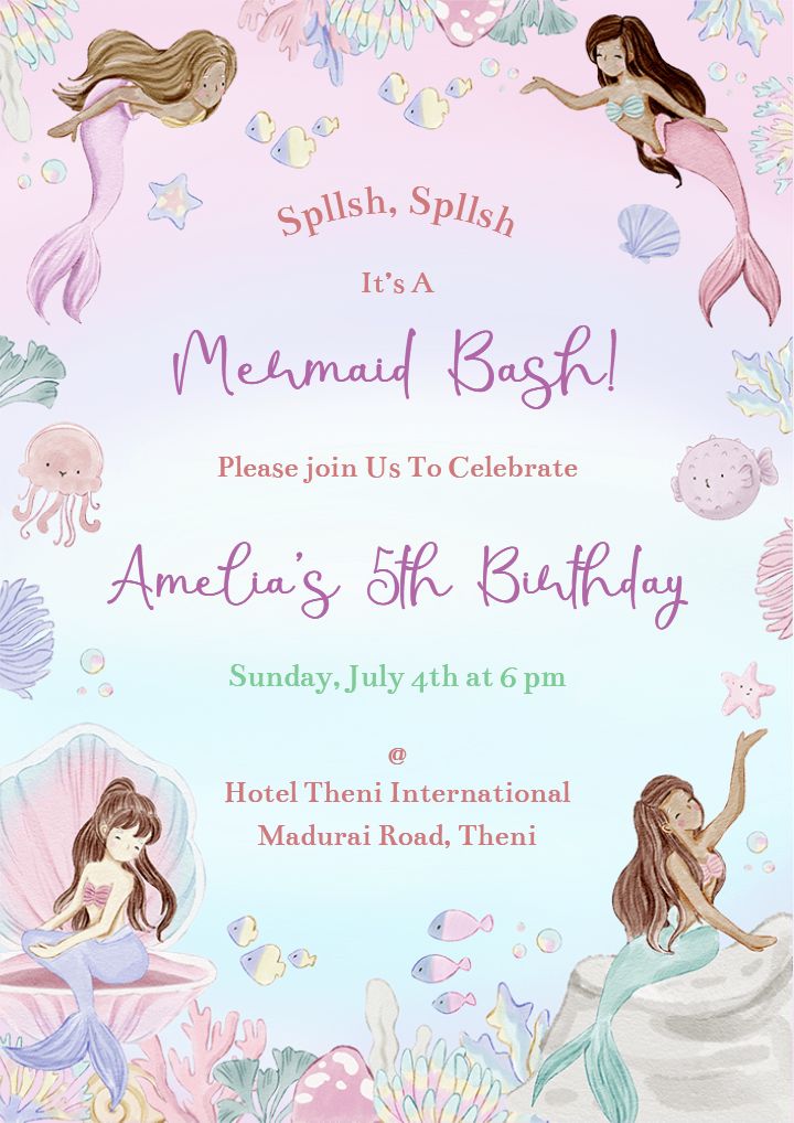 Mermaid Theme 5th Year Birthday Invitation Card for Girls