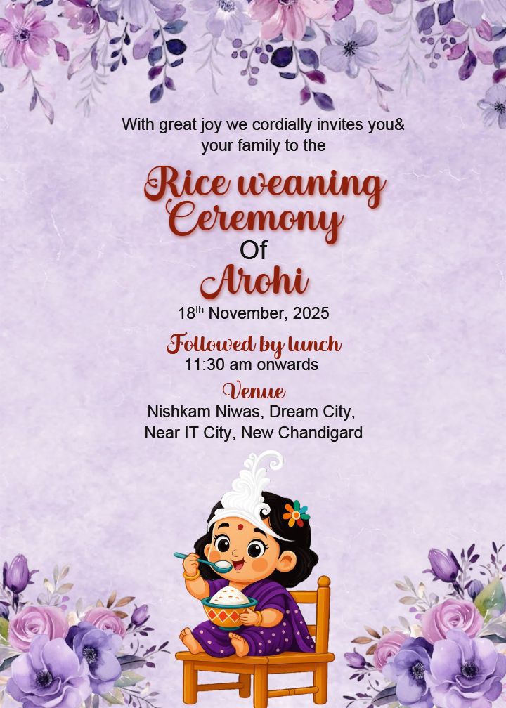 Purple Rice Weaning Ceremony Card for Baby Girl