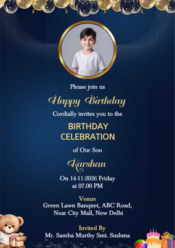 Royal Blue Birthday Invitation Card Online for a Boy