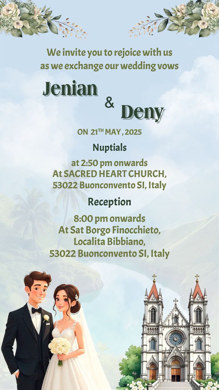 Romantic christian wedding invitation with mountain view