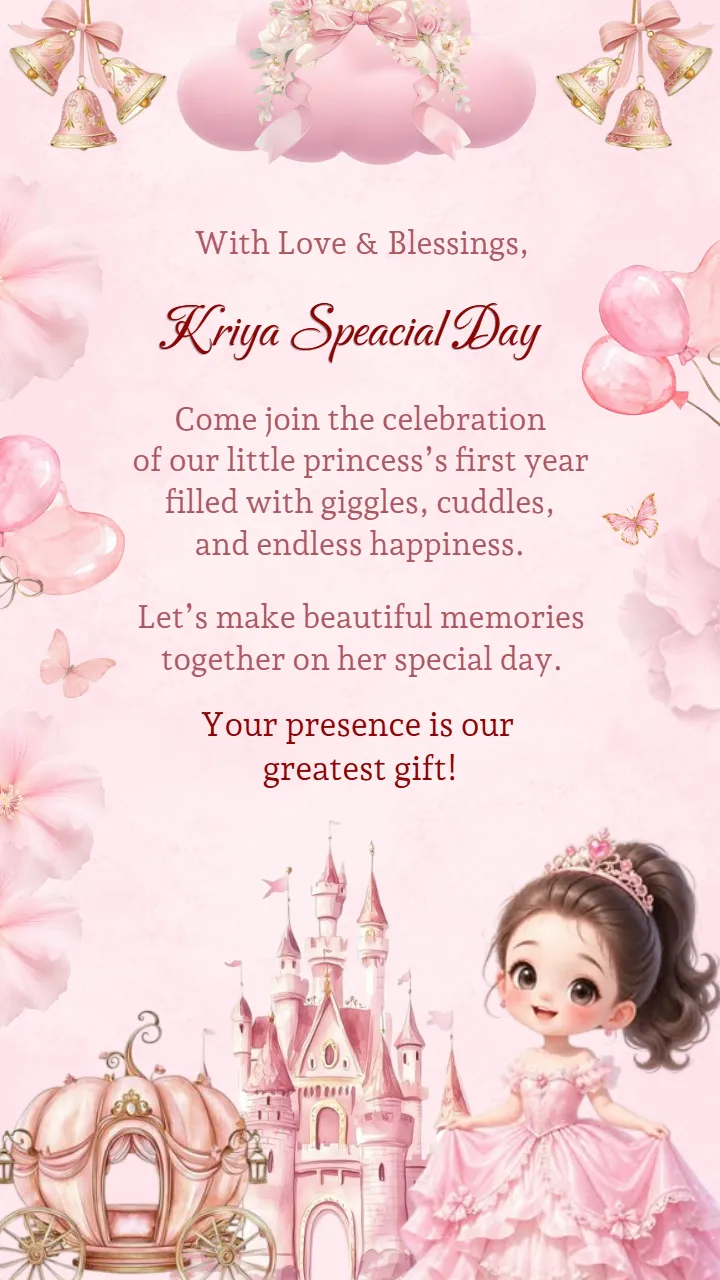 Pink Princess 1st Birthday Invitation Card Design Template