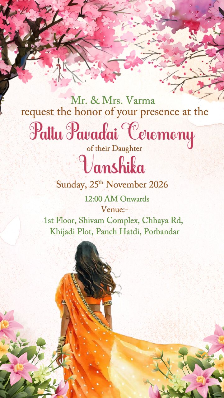 Elegant Pattu Pavadai Function Invitation Card
