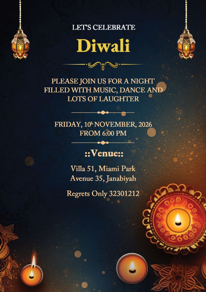 Festive Diwali Party Invitation Card With Diyas And Lamps