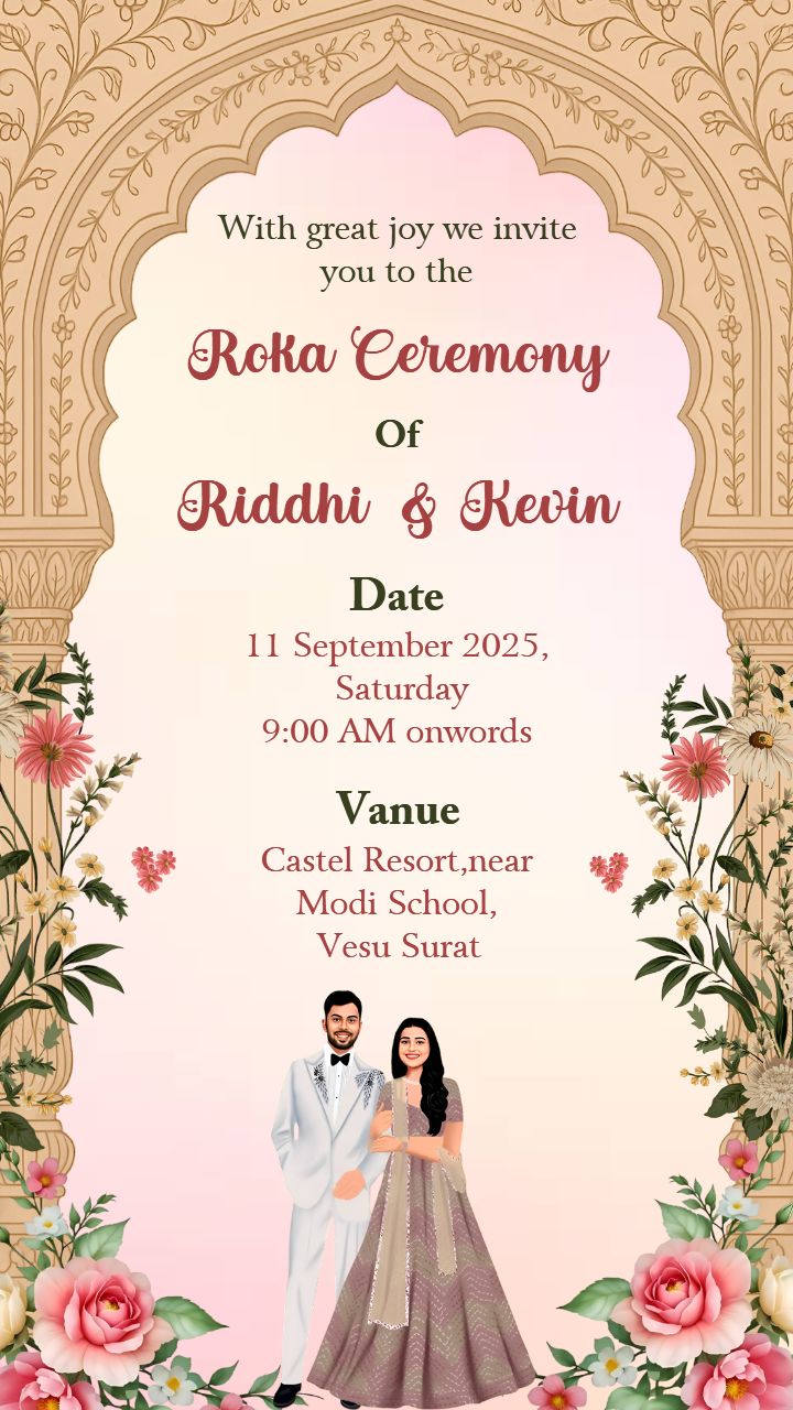 Blush Pink Roka Ceremony Invite with Ornate Arch and Blooming Florals