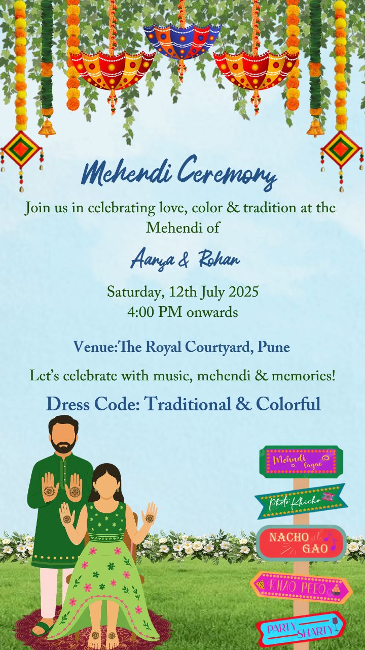 Vibrant Mehendi Invitation Card with Indian Folk Charm