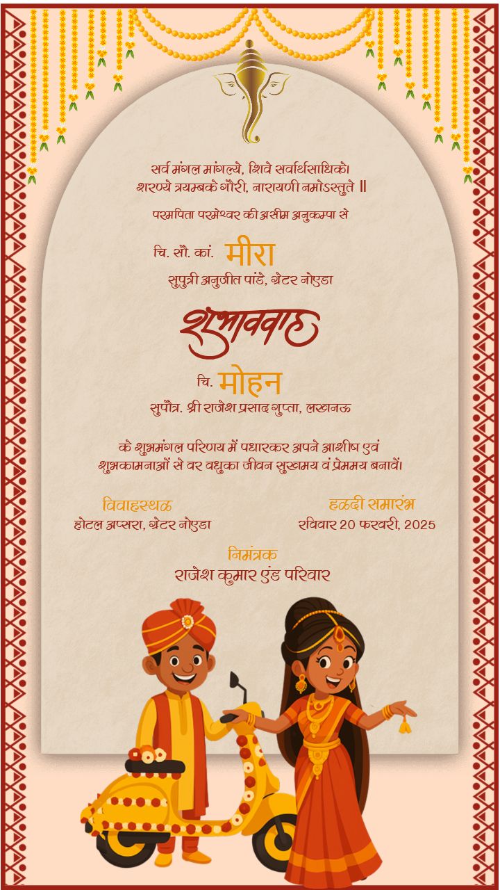 Cute Couple Art Wedding Invitation Hindi