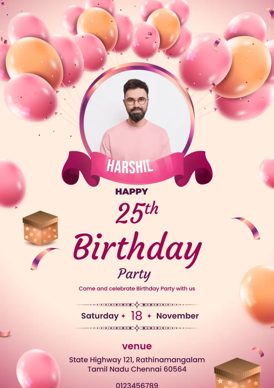 25th Birthday Invitation Template with Pink Balloon Theme