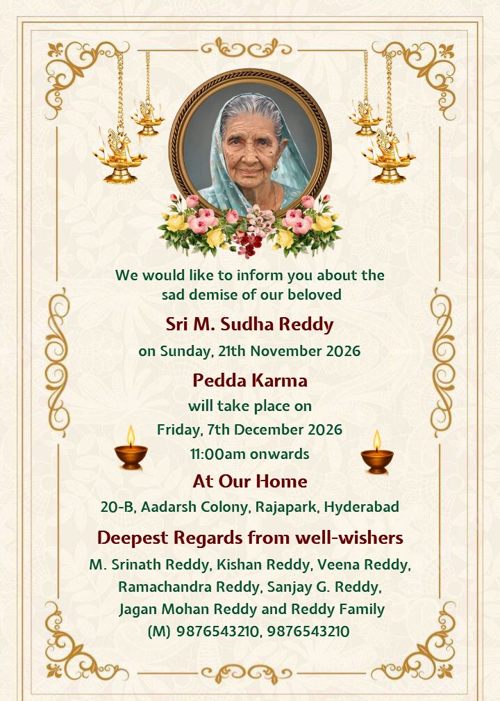 Beautiful Pedda Karma Invitation in English Card with Diya