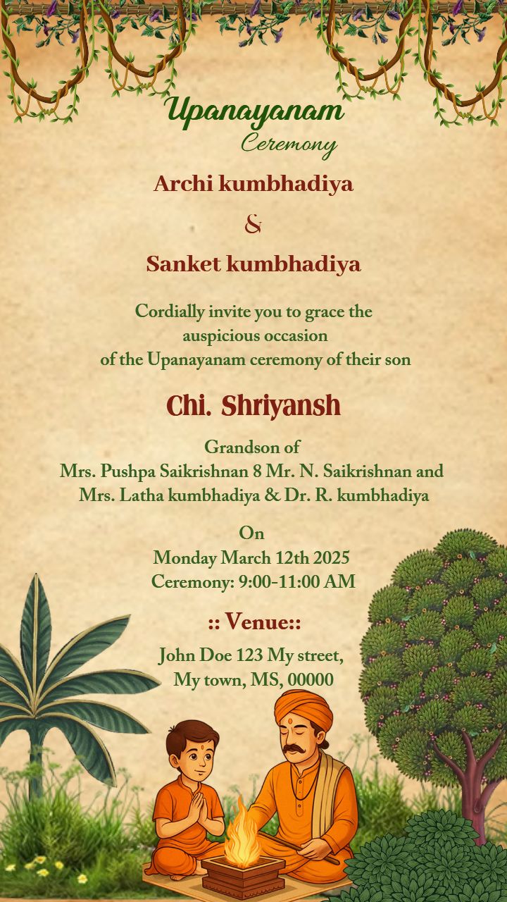 Upanayanam ceremony invitation in English for forest theme