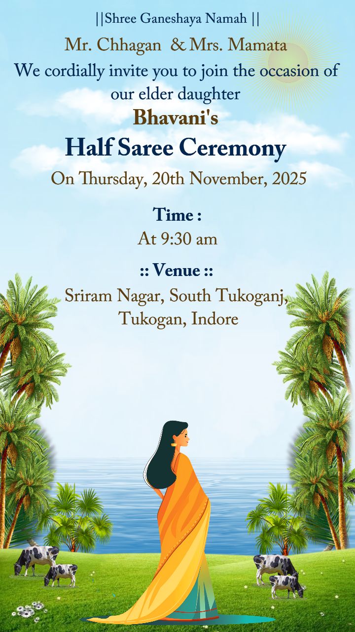 Half Saree Ceremony Invitation With Nature Design