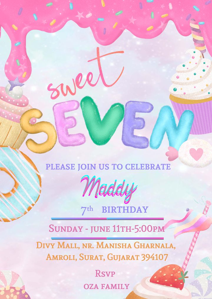 Sweet Candy Themed Card for 7th Birthday Invitation of Girls