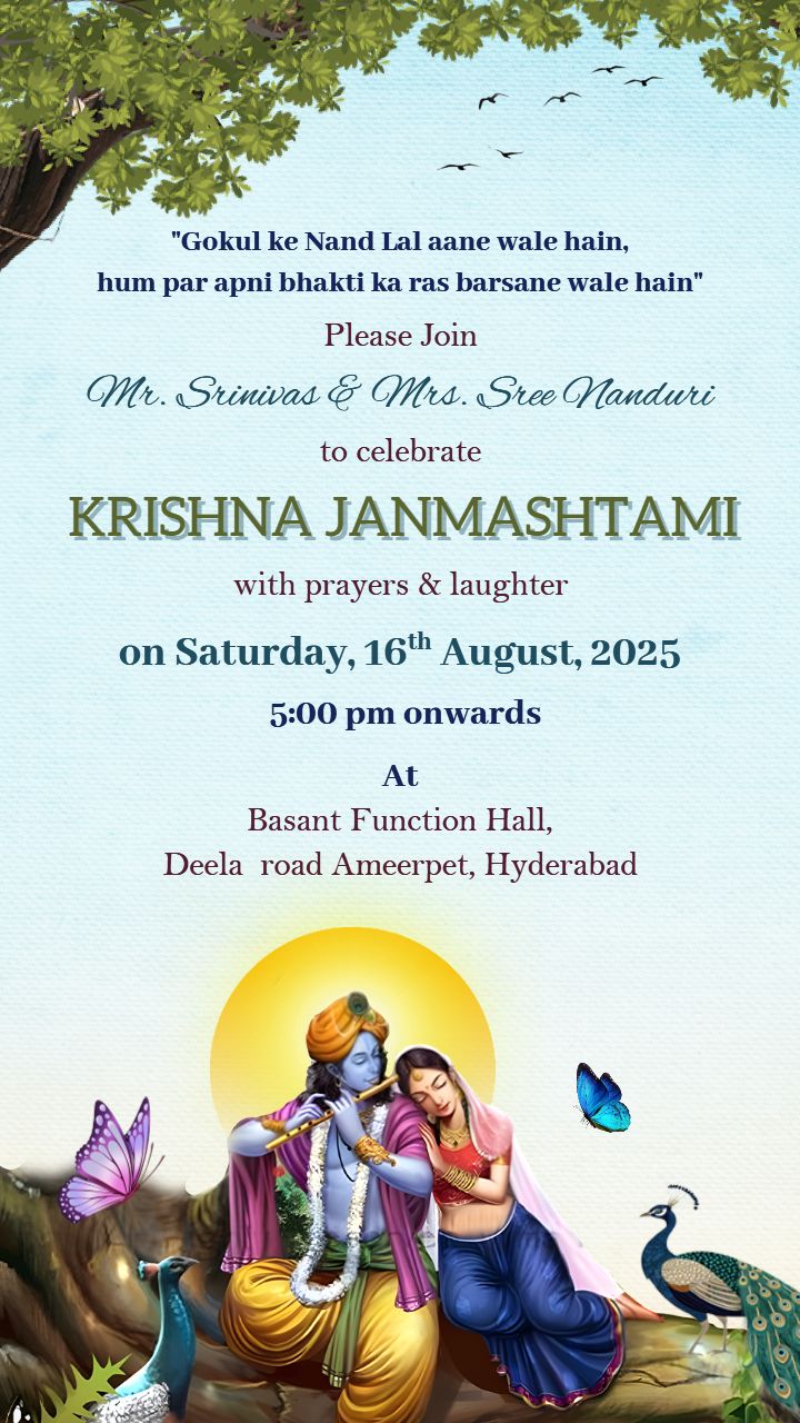 Janmashtami Invitation Card with Krishna and Radha Theme