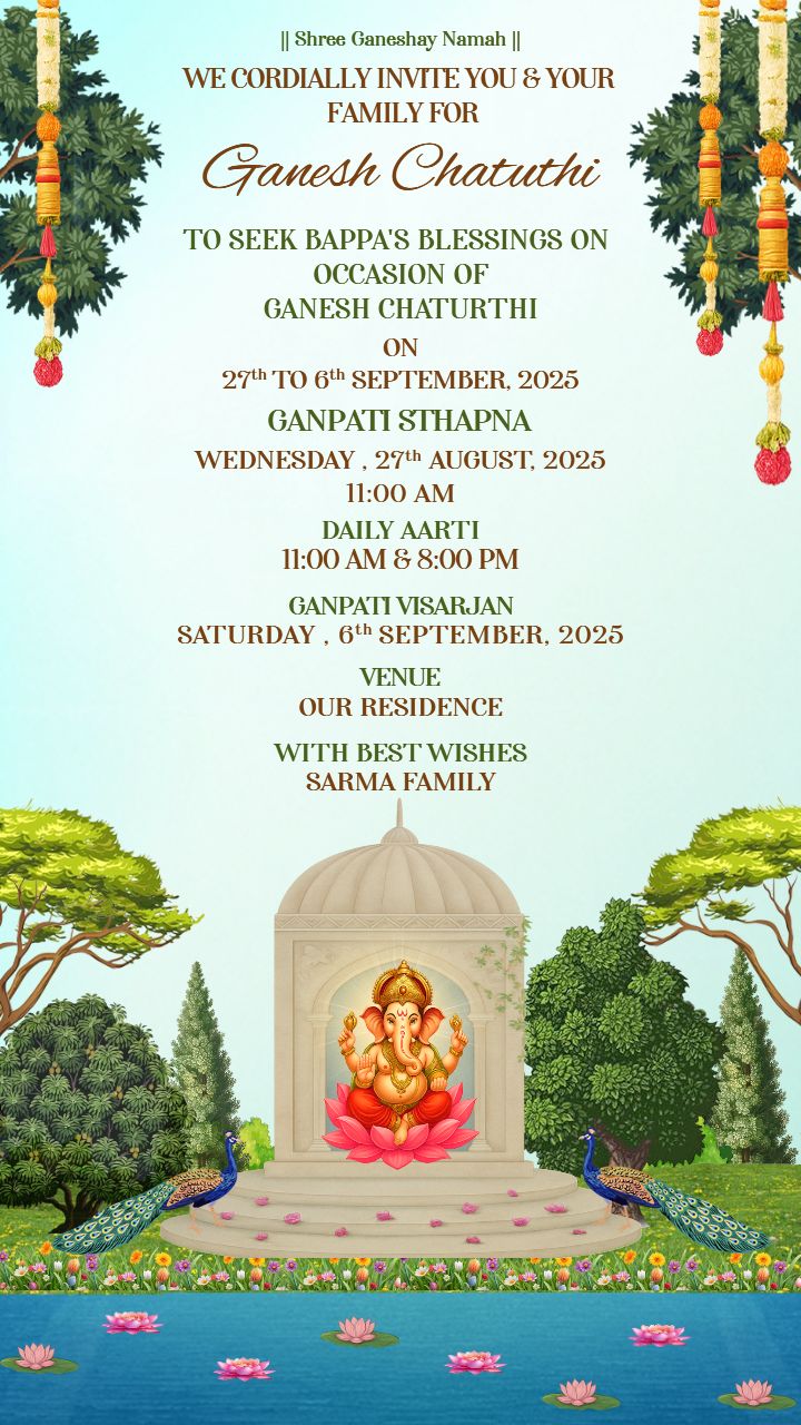 Ganesh Chaturthi Invitation Card with Lake and Trees