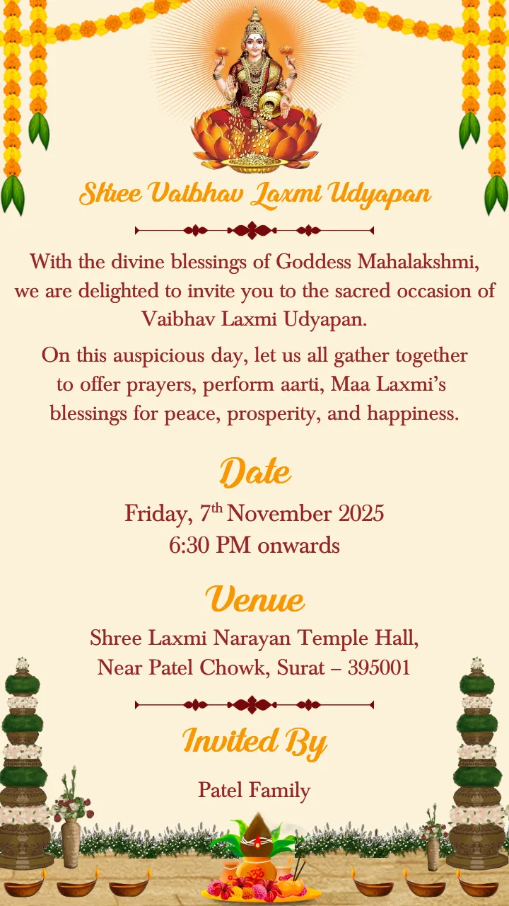 Shree Vaibhav Laxmi Udyapan Invitation Card in English