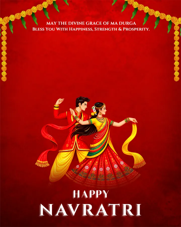 Navratri Wishes Card with Red and Golden Festive Decorations