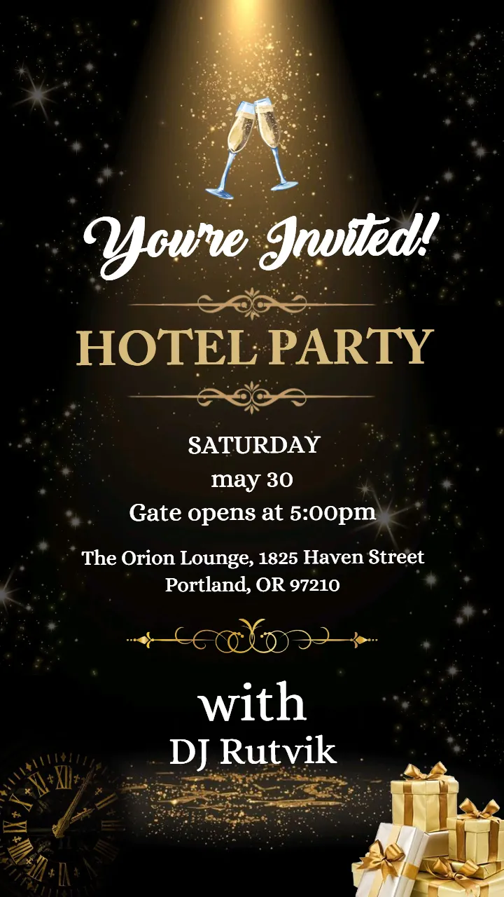 Hotel party invitation premium gold sparkle design
