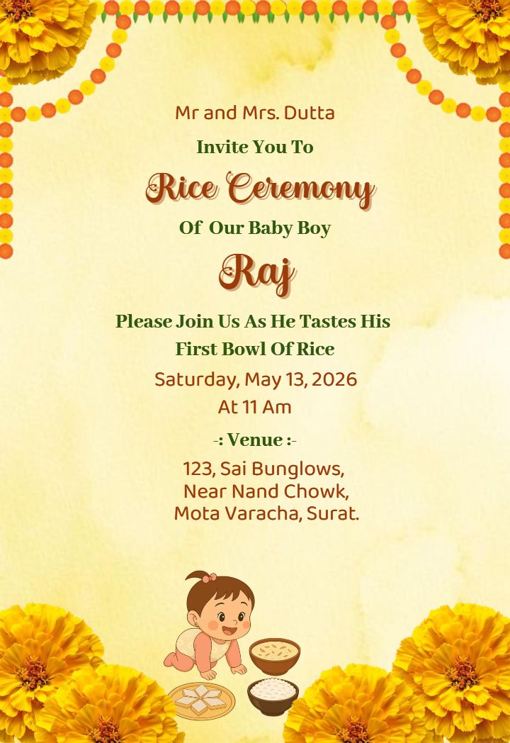 Creative Rice Ceremony Card with Marigold Design