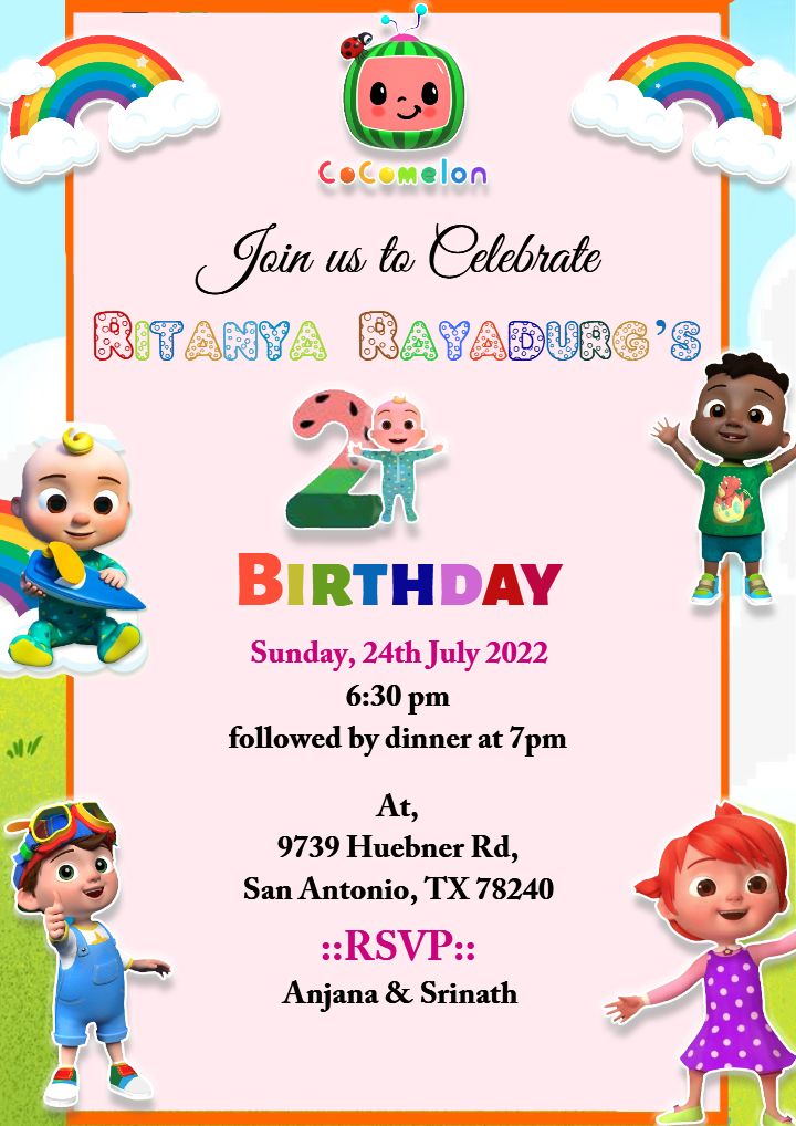 CoComelon 2nd Birthday Party Invitation Card for Baby Girl