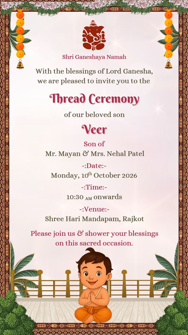 Thread ceremony invitation in English with cute cartoon