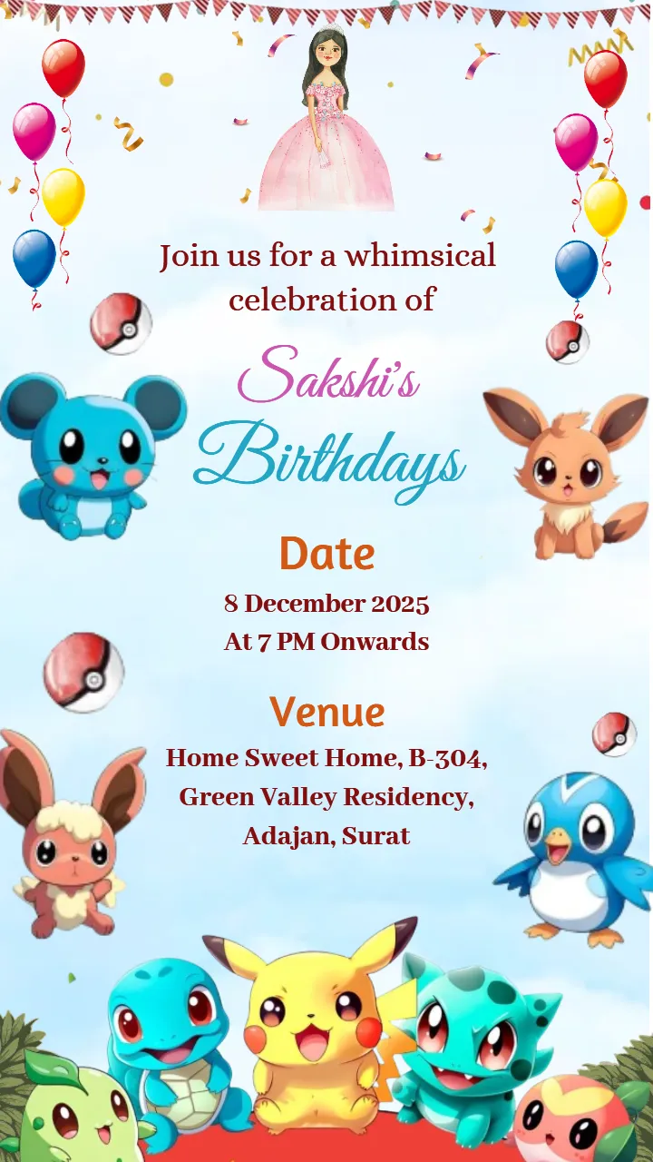 Pokemon Birthday Invitations Online for Cute Girls Party