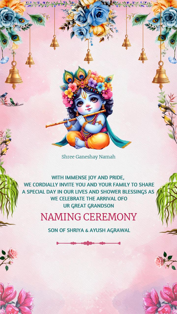 Pink Krishna Art Digital Naming Ceremony Invitation Card