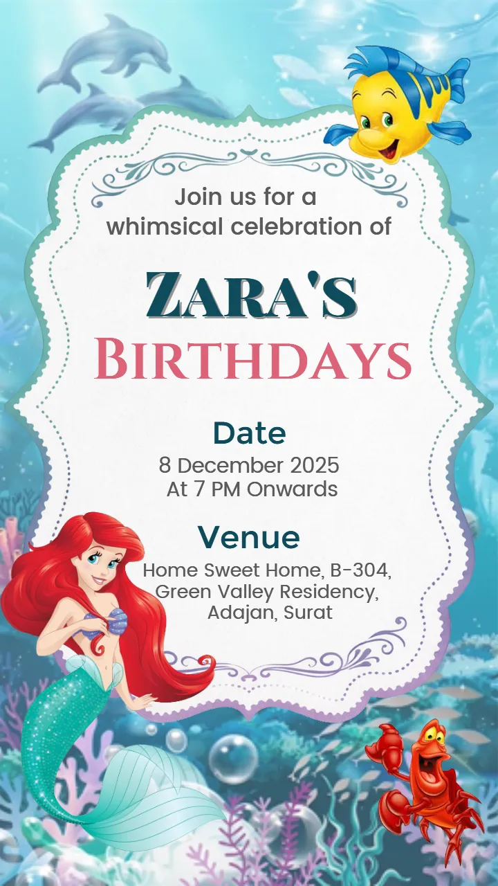 Mermaid Theme Invitation Card for Cute Girl Birthday Party