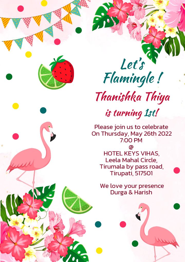 Flamingo Themed 1st Birthday Invitation Card for Baby Girl