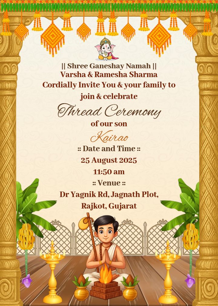 Thread ceremony invitation in English with kalash border