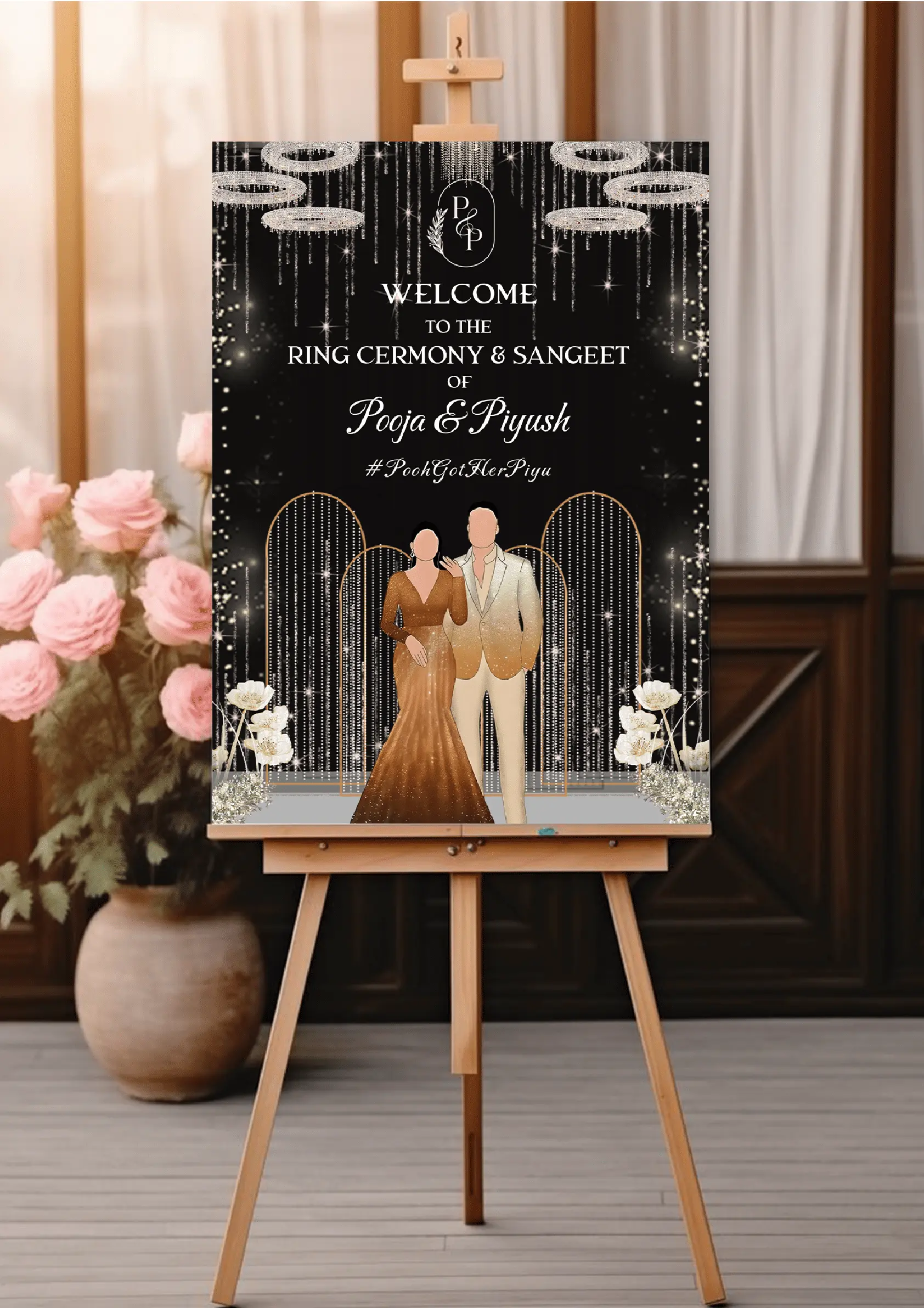 Ring Ceremony Standy with Elegant Black and Gold Theme