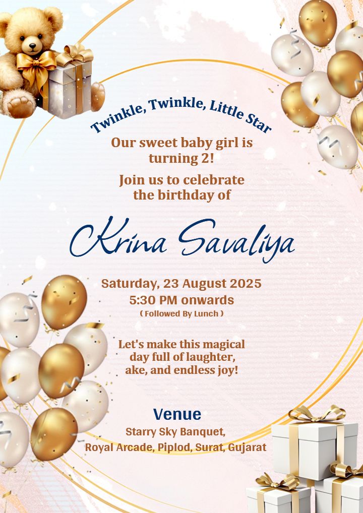 Golden Balloon 2nd Birthday Invitation Card for Girl