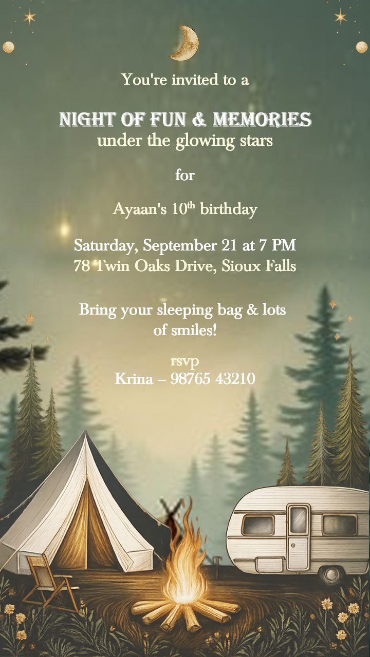 Camping Themed Sleepover Party Invitation Card in English