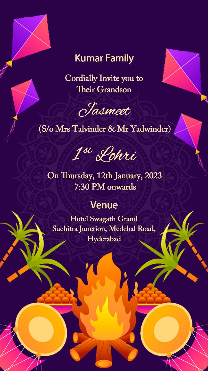Traditional Lohri Invitation Card with Kite and Fire