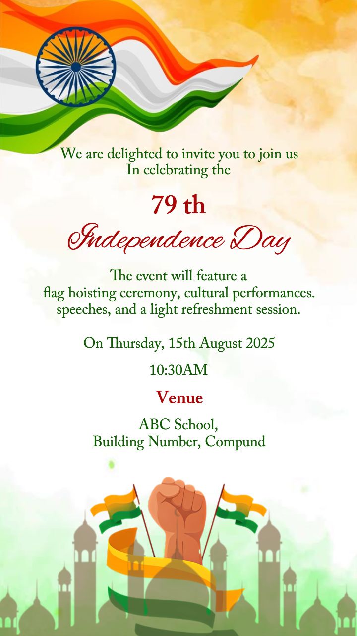 Online Independence Day Invitation Card with Indian Flag