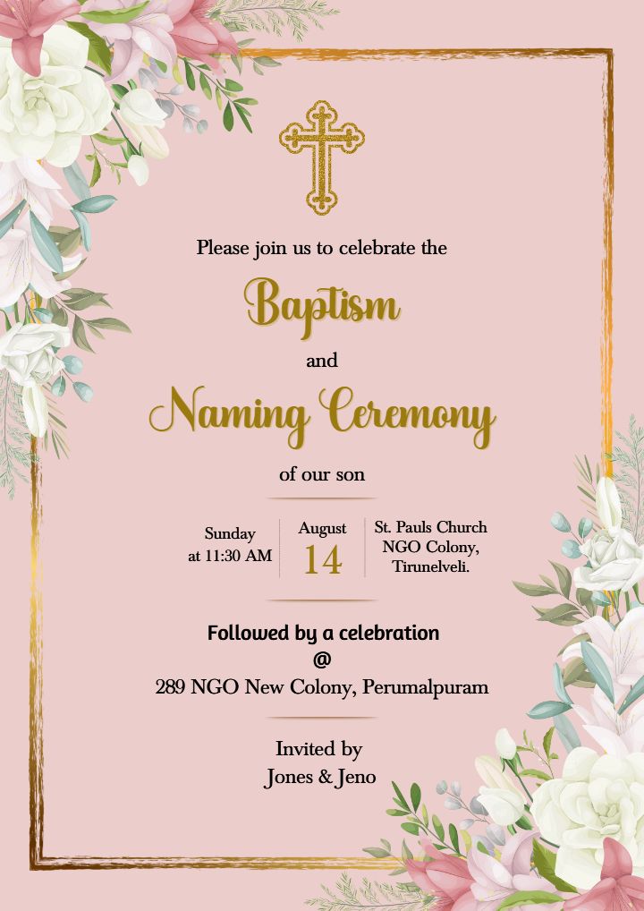 Baptism and naming ceremony invitation card in pink