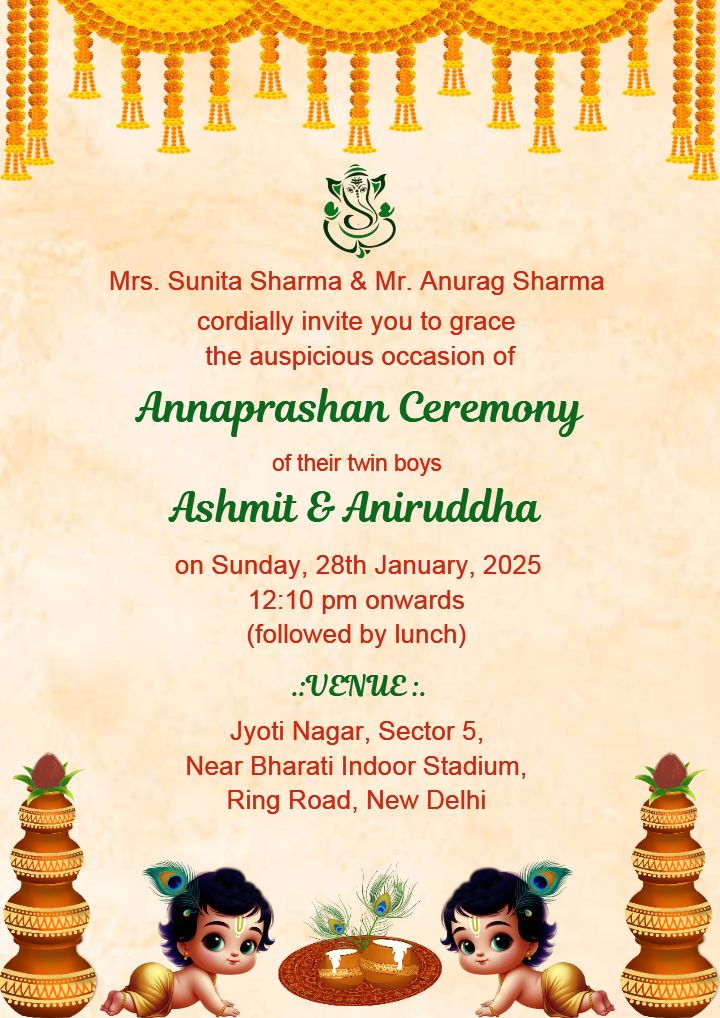 Twin Baby Annaprashan Invitation With Krishna Theme