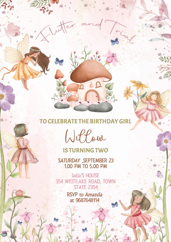 Fairy Garden 2nd Birthday Invitation Card for Baby Girls