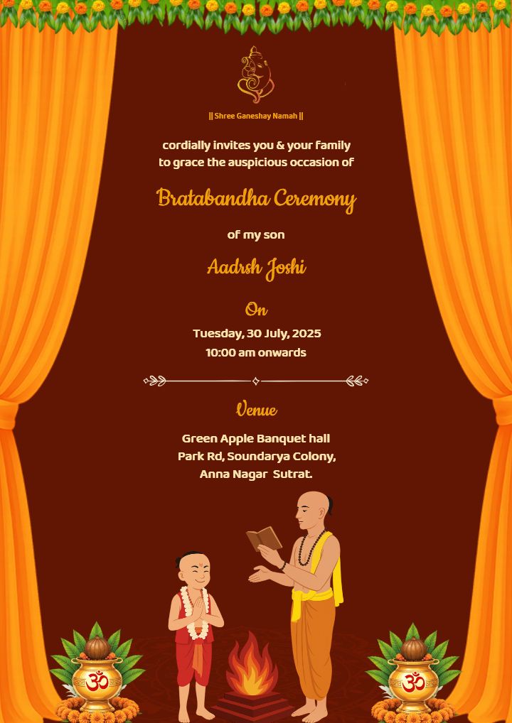 Bratbandha Ceremony Invitation in English with Warm Colors