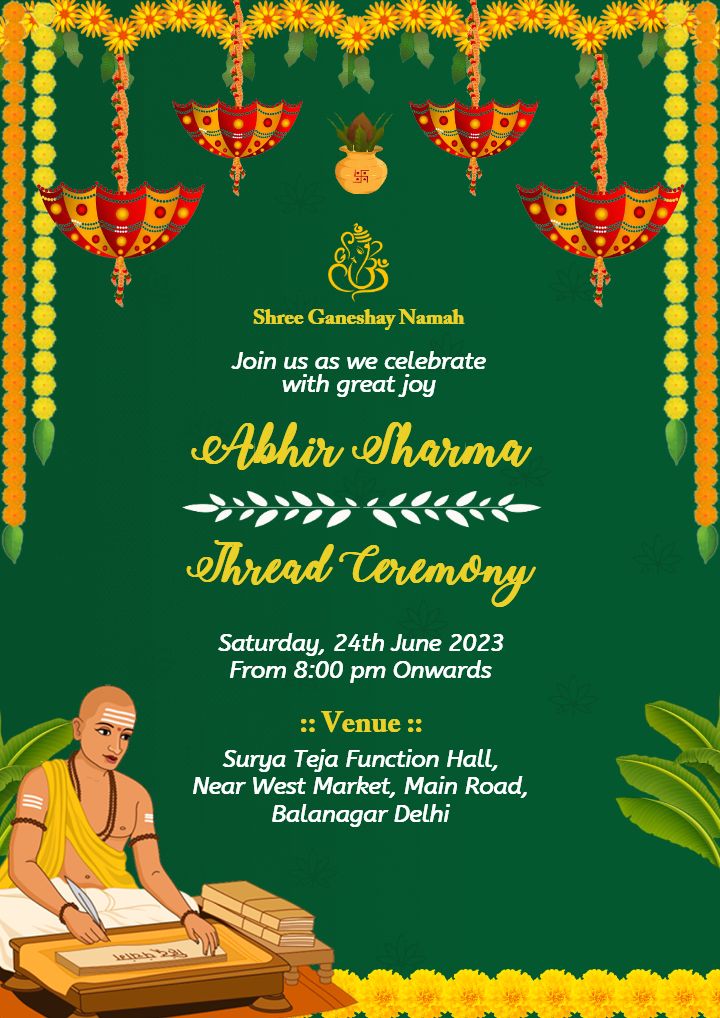 Thread Ceremony Invitation in English Using Green Theme