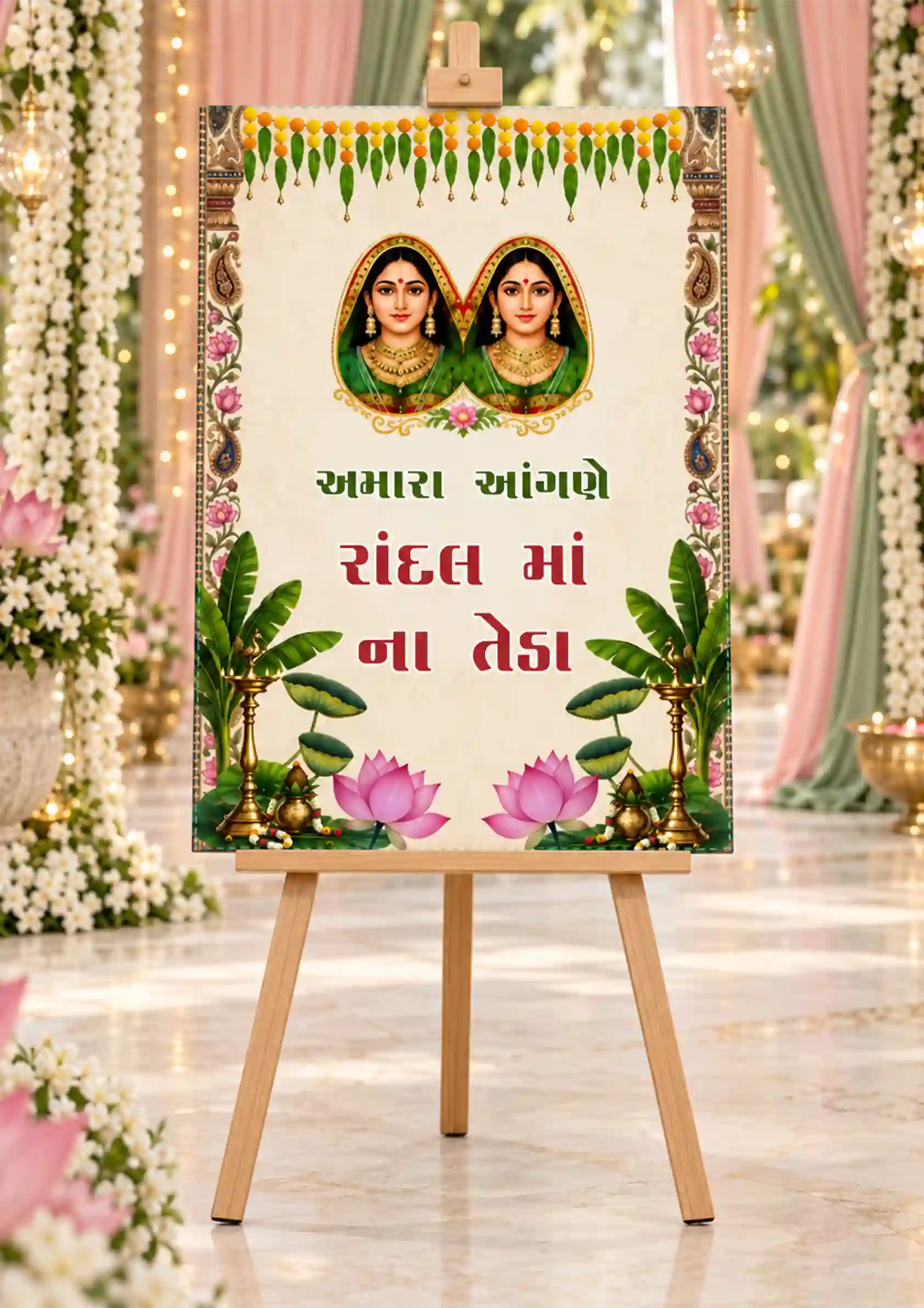 Randal Mata Welcome Board with Lotus and Banana Leaves